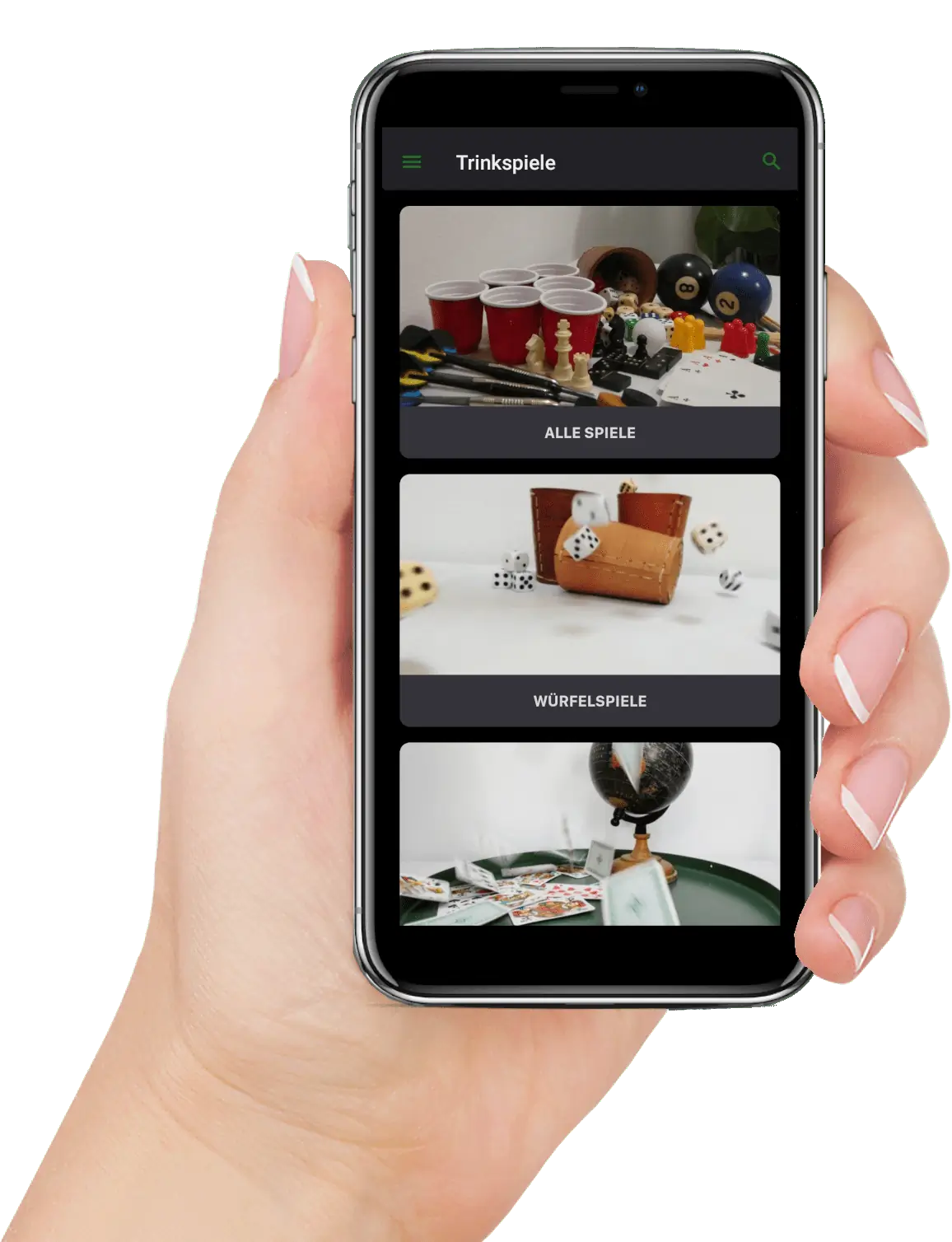 Trinkspiele Vorschau auf einem iPhone in einer Hand