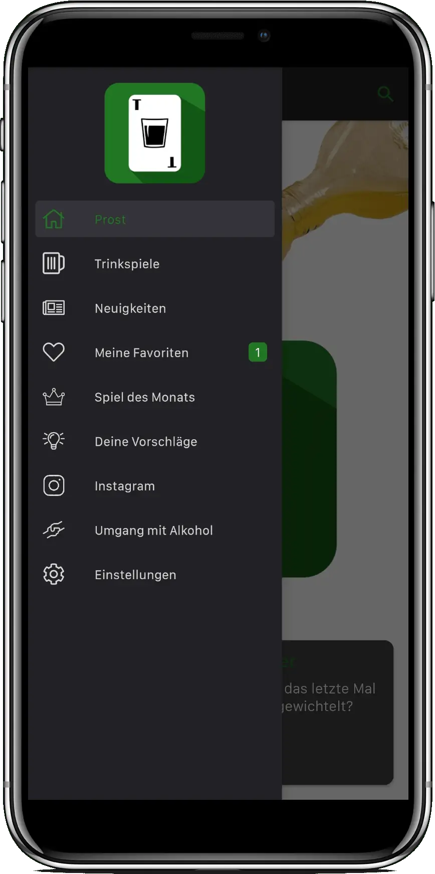 Menü der Trinkothek App