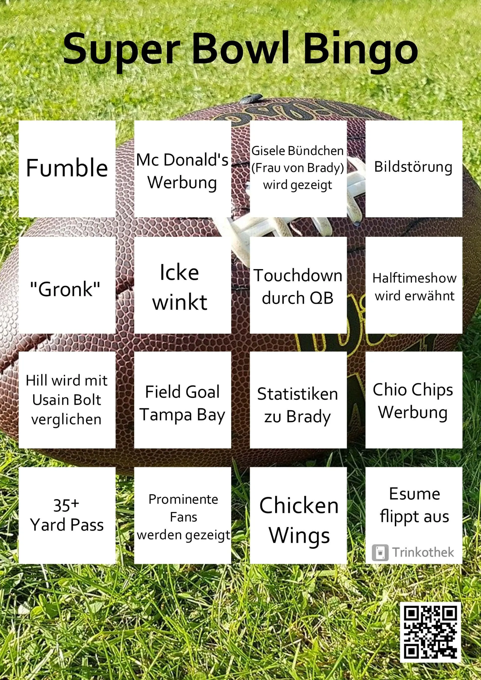 Mehrere Vordrucke mit Begriffen für das Super Bowl Bingo